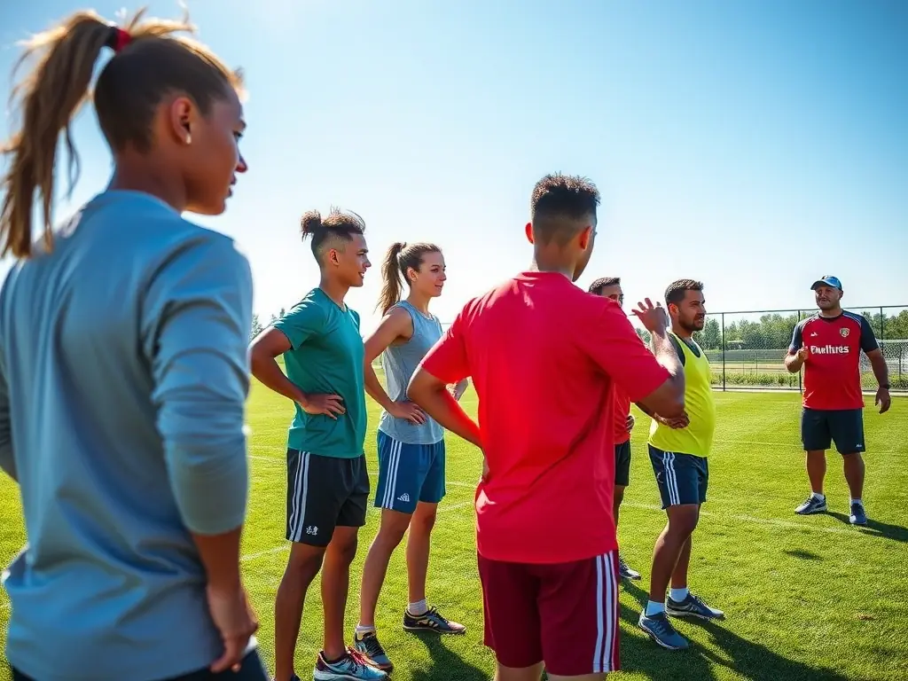 An image of a diverse group of athletes engaged in training under the supervision of a coach in an outdoor sports field, showcasing the Athletic Training Programs offered by Training Perform Club.