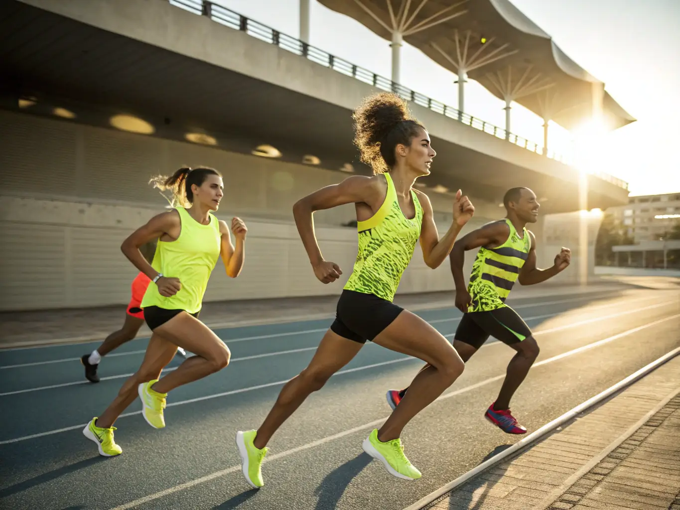 A dynamic image of athletes participating in a track and field training session, showcasing speed and agility, set against a bright, sunny backdrop to convey energy and motivation.