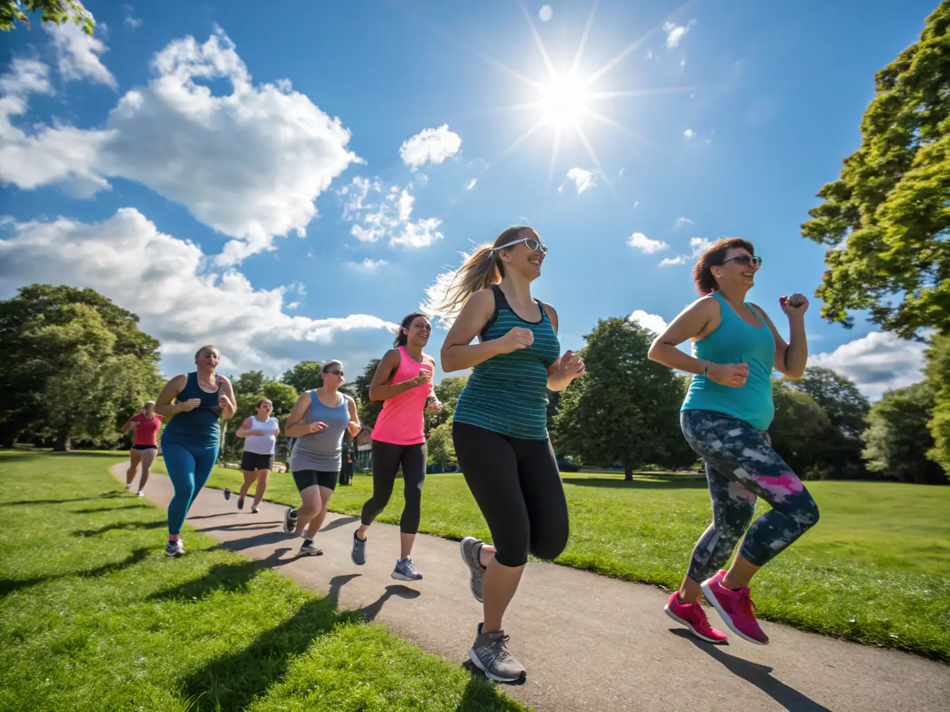 A group of individuals of varying ages participating in a supervised fitness class outdoors, emphasizing community engagement and the promotion of healthy lifestyles.