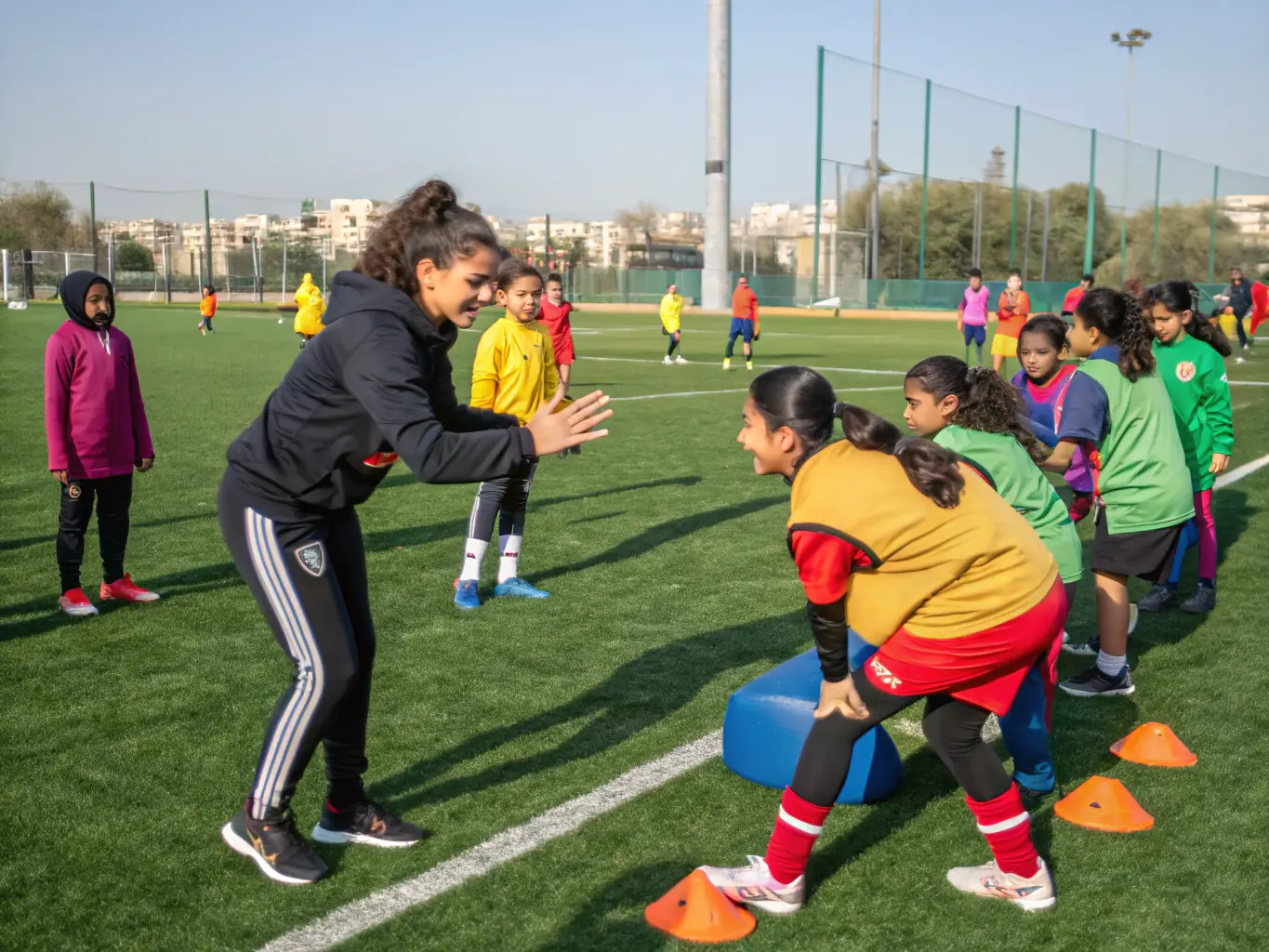 An image of a diverse group of athletes engaged in training under the supervision of a coach in an outdoor sports field, representing the Athletic Training Programs offered by Training Perform Club.