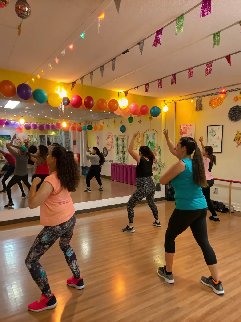 A group of people of various ages participating in a Zumba class at TOUS EN FORME, with a focus on the energetic movements and joyful expressions.