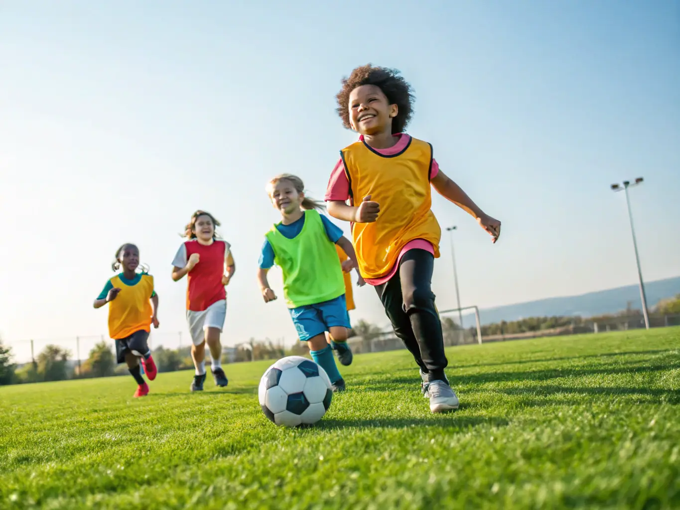 An image of children participating in a fun sports activity, such as soccer or basketball, at TOUS EN FORME, emphasizing the club's commitment to youth fitness.