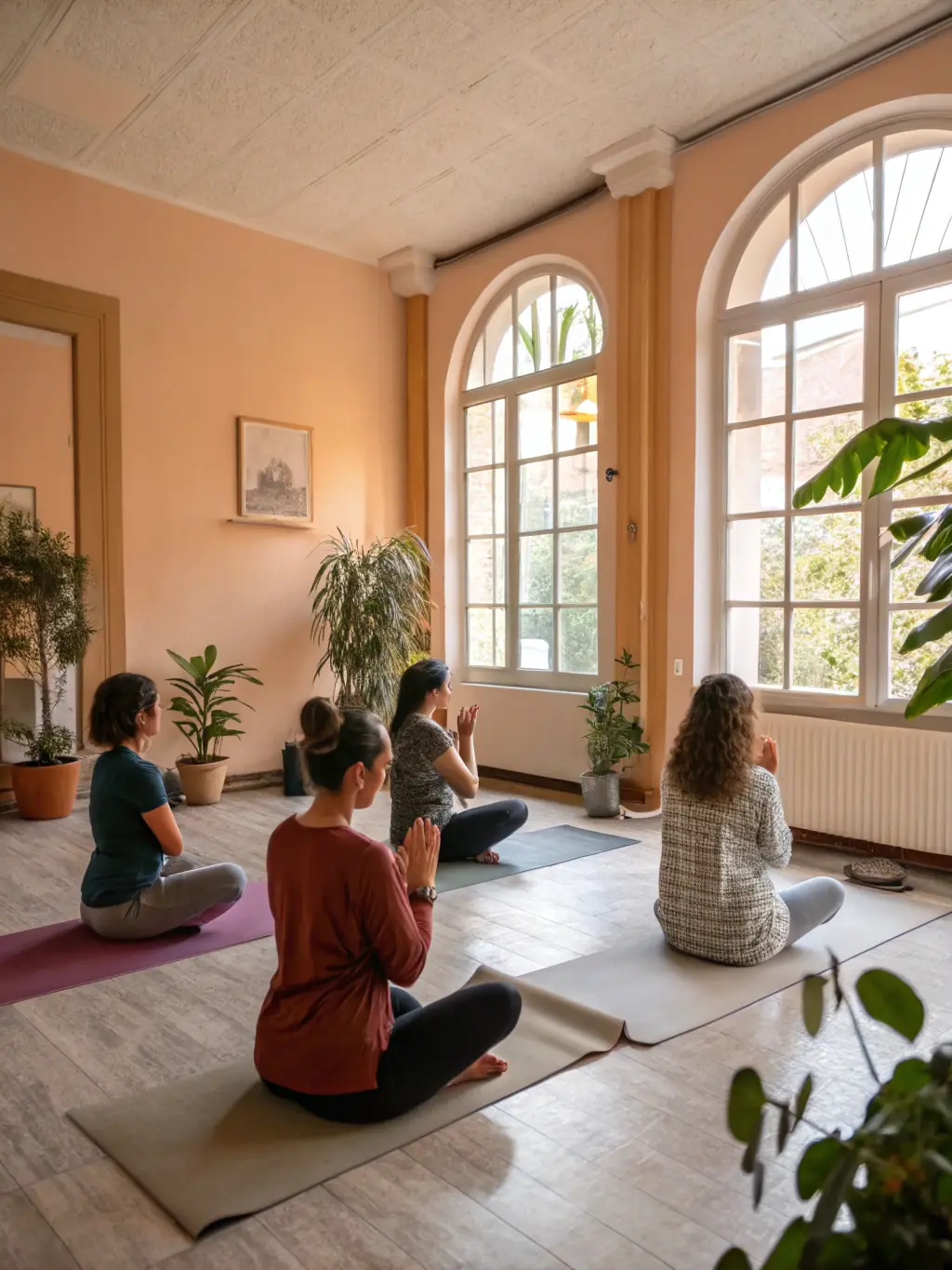 A serene yoga session at TOUS EN FORME, showing participants in various poses, emphasizing flexibility and mindfulness.