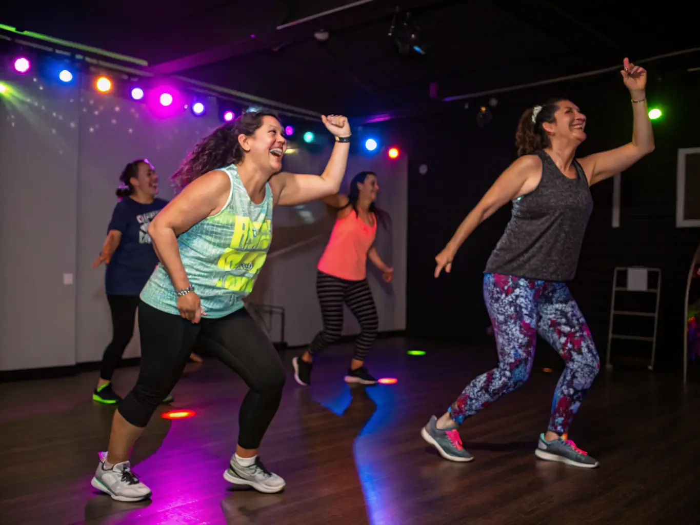 A dynamic image of a group of adults participating in a Zumba class at TOUS EN FORME, showcasing the energy and fun of the activity.