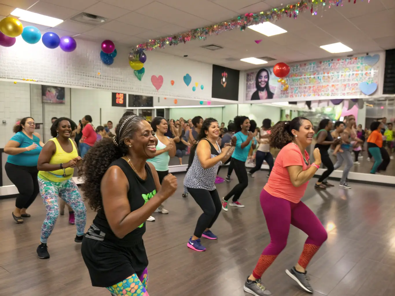 People smiling and having fun while participating in a dance fitness class at TOUS EN FORME, emphasizing the enjoyment and positive atmosphere.